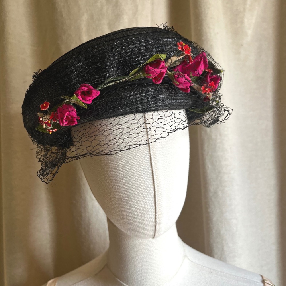 Vintage Black Floral Veil Cocktail Hat‎ Fascinator S/M 1950s 60s